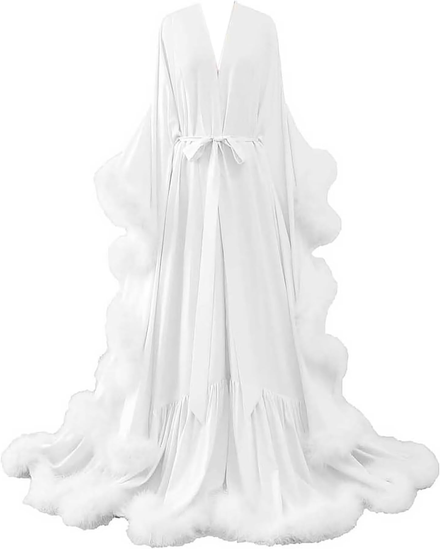 Womens Sexy Feather Bridal Robes Silk Satin Long Nightgown Bathrobe Sleepwear Maternity Robe for Photoshoot