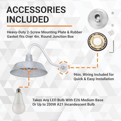 Image of 14in. Galvanized Finish Outdoor Gooseneck Barn Light Fixture With 22in. Long Extension Arm - Wall Sconce Farmhouse, Vintage, Antique Style - UL Listed - 9W 900lm A19 LED Bulb (5000K Cool White)