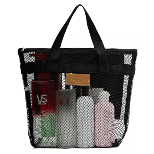 TOPASION Mesh Shower Caddy Bag Portable Hanging Toiletry and Bath Organizer with Zipper for Travel, Gym, Camping, College Dorms, Beach (Black)