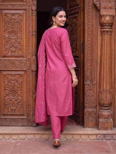 Image of INDO ERA Women's Silk Blend Embroidered Straight Kurta Pant with Dupatta Set