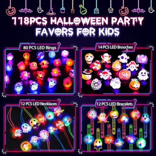 Image of 118 PCS Halloween Party Favors Bulk, 80 Rings, 14 Brooches, 12 Necklaces, 12 Bracelets,Halloween Toys for Kids, Glow in the Dark Toys, Bulk Halloween Goodie Bag Fillers, Halloween Party Supplies