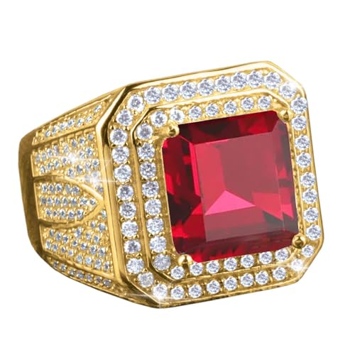 10K/14K/18K Solid Gold Garnet Men's Rings Yellow Gold Man Square 2CT Red Garnet Chunky Signet Luxury Anniversary Rings Engagement Ring Band for Men Him Size 4-16