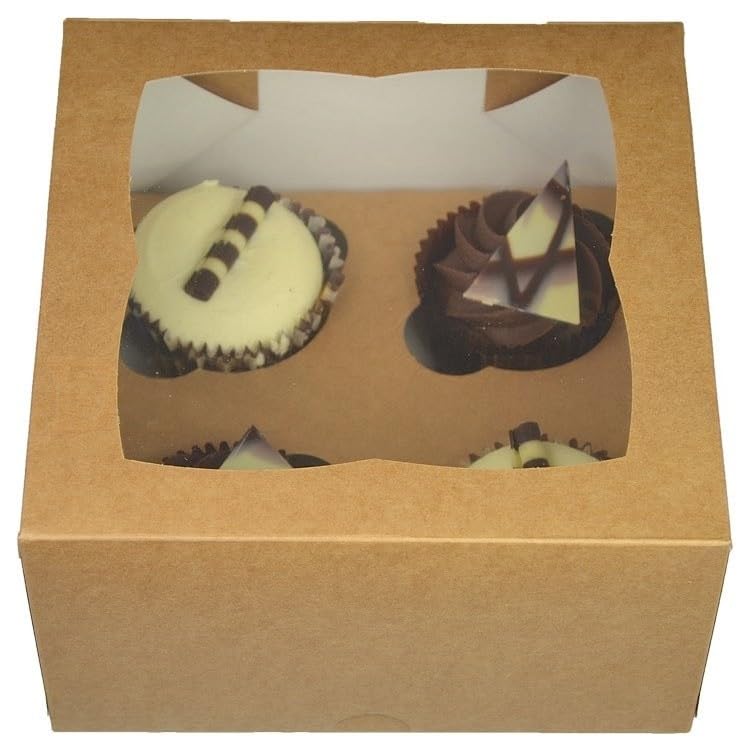 LARRYROO Kraft Brown Windowed Cupcake Box | 4 Cavity | Cup Cake Boxes & inserts (50)