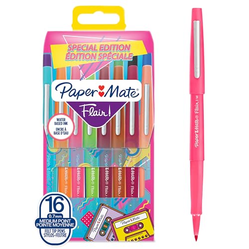 Paper Mate Flair Felt Tip Pens | Medium Point (0.7 mm) Marker Pens | Assorted Retro Colouring Pens | For Kids & Adult ColouringJournalling & More | 16 Count