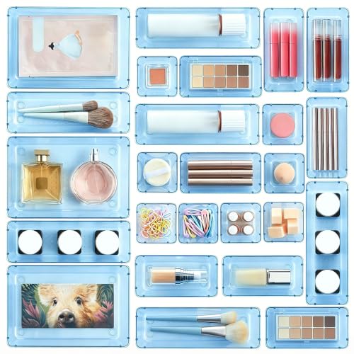 Image of Vtopmart 25 PCS Plastic Drawer Organizers Set, 4-Size Versatile Bathroom and Vanity Drawer Organizer Trays, Storage Bins for Makeup, Bedroom, Kitchen Gadgets Utensils and Office