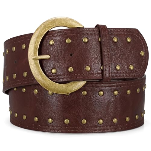WOWOGO Dark Brown Wide Chunky Leather Belts for Women 2.3 Western Vintage Boho Studded Thick Waist Belt for Dresses