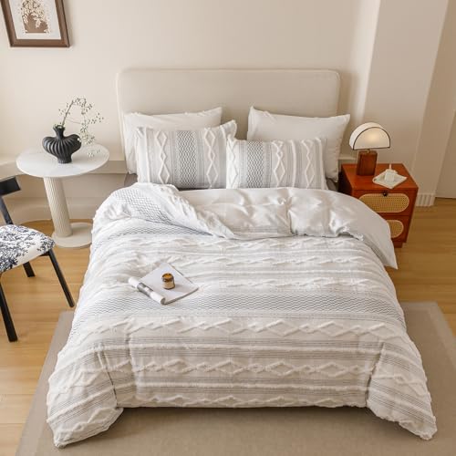 Image of KAREVER Ivory Black Boho Comforter Set Queen Mixed Textures Jacquard Bedding Set Durable Chic and Stylish Bedroom Set