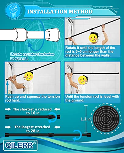 Image of Small Tension Rods 16 to 28 Inches, Adjustable Short Extension Curtain Rod, Heavy Duty Spring Loaded Mini tension rods for Windows, Curtain, Closet, Clothes, Diameter 1inch, Black