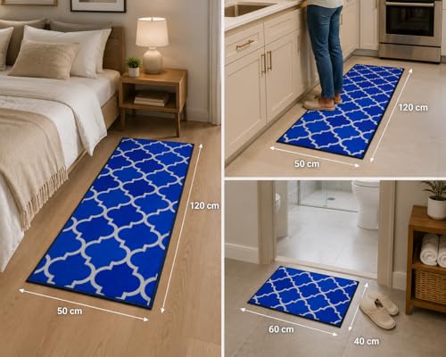 Image of Matz&More Anti Slip Kitchen Runner & Doormat Combo (50x120cm + 40x60cm), Nylon Tufted Floor Mat with Rubber Backing, Carpet for Kitchen, Bathroom, Entrance & Bedside, Trellis Two Toned Blue