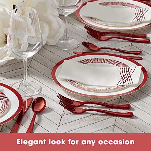 By Madee Red Disposable Dinnerware Set | 175 Pcs For 25 Guests | Dinner Plates, Salad Plates, Silverware & Linen-Feel Fancy Napkins | Premium Plastic Plates For Party | Heavyweight #TOP4