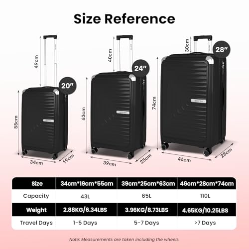 Image of Storite Luggage Set of 3 Trolley Bag Hard-Sided Polypropylene | 55cm, 63cm & 74cm | 8 Wheels Double Spinner Small, Medium & Large Travel Suitcase Bag for Men & Women - Black