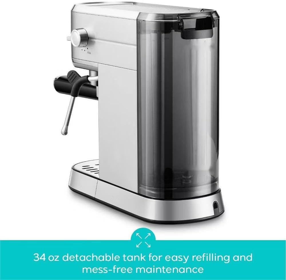 Espresso Machine 20 Bar, Compact Espresso Maker with Steam Milk Frother, Stainless Steel Coffee Machine with 34oz Removable Water Tank for Cappuccino, Gift for Women or Men, Silver