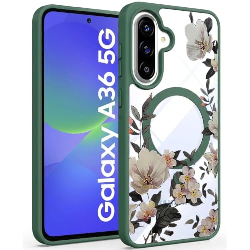Image of VONZEE Compatible with Samsung Galaxy A36 5G Case Luxury Retro Flowers Floral Clear for Magnetic Wireless Charging Case Shockproof PC+TPU Cute Glossy Shiny Cover for Girls Women, Green