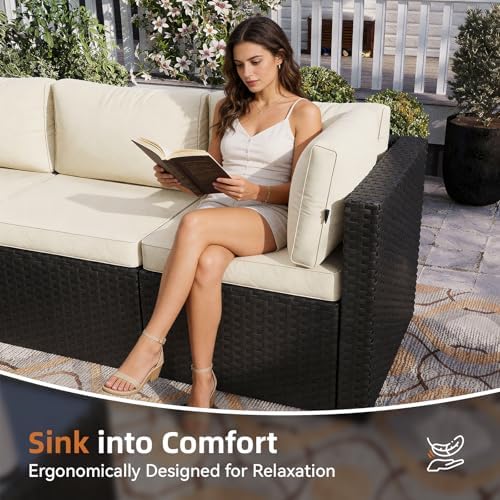 Aoxun Patio Furniture Set 5-Piece, Outdoor Sectional Sofas with Washable Cushion, Wicker Rattan Patio Conversation Sets for Backyard Porch and Poolside, Cream - 4