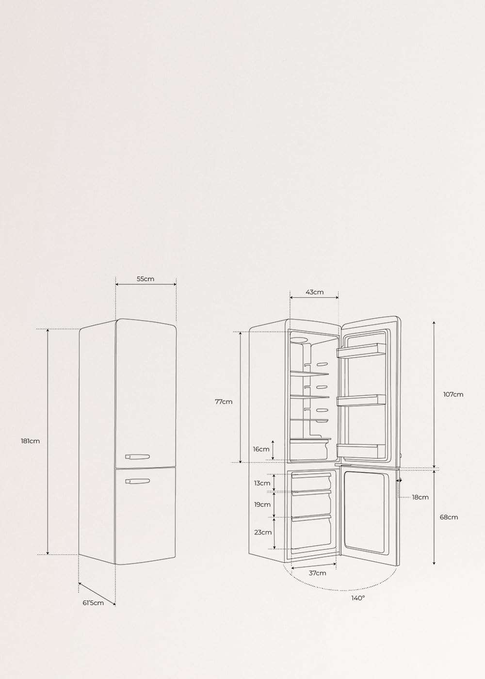CREATE / FRIDGE STYLANCE/Frigorífico Combi 244L Blanco roto/Diseño y estilo Retro Vintage. Materiales resistentes. Práctica y funcional. 90W