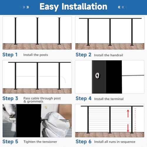Image of Cable Railing Post 36 Inch 35 inchx2 inchx2 inch, Level Drilled Surface Mount T304 Stainless Steel Railing Line Post, Flat Top Horizontal Hole Deck Wire Railing Post, Black Coating Cable Handrail Post