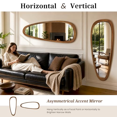 Image of Irregular Wall Mirror Full Length,60 inchx22 inch Large Asymmetrical Mirrors with Solid Wood Frame, Mid Century Modern Mirror Odd Shaped for Living Room, Entryway Hall, Bathroom(Natural Wood)