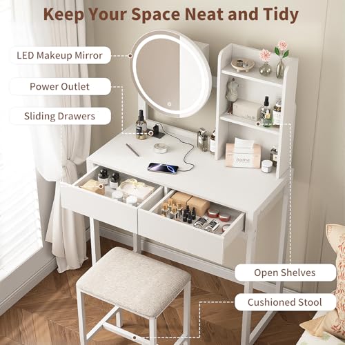 Image of VFK Small Vanity Desk with Mirror and Lights, Makeup Vanity Table with LED Mirror, 3 Lighting Modes, Power Outlet, Drawer, Open Shelves and Cushioned Stool for Bedroom (White)