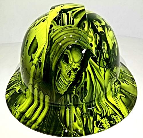 Wet Works Imaging Customized Pyramex Full Brim Hydro Dipped in Green ACE of Skulls Hard HAT with Ratcheting Suspension Custom LIDS Crazy Sick Construction PPE