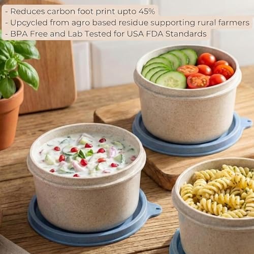 Image of Happy Cove Eco Friendly Lunch Box for Office Use, Made of Wheat Straw and Rice Husk, 3 Microwave Safe Blue Containers, Tiffin Box for Men with Grey Lunch Bag, Microwave Safe, Oven Safe, Unbreakable