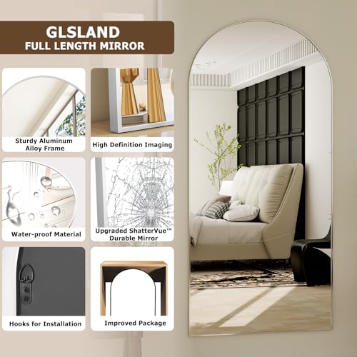GLSLAND - 20x57 inch Arched Full Length Mirror - Floor Mirrors Aluminum Alloy Frame Full Body Dressing Mirror for Bedroom, Living Room,Silver
