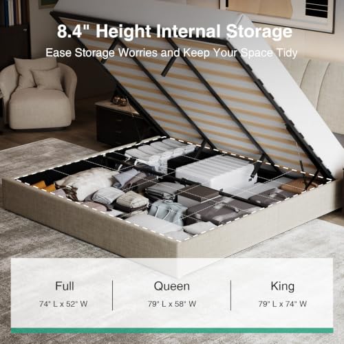 Image of Novilla King Lift Up Storage Bed Frame /Charging Station /LED Light, Beige