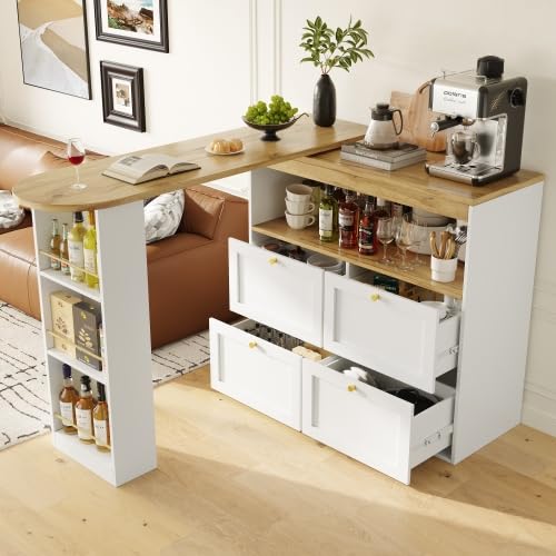 Merax Mesa de bar extensible con función giratoria de 360° – Isla de cocina modular con bar y mostrador, aparador retro con puertas de ratán, armario multifuncional con espacio de almacenamiento para