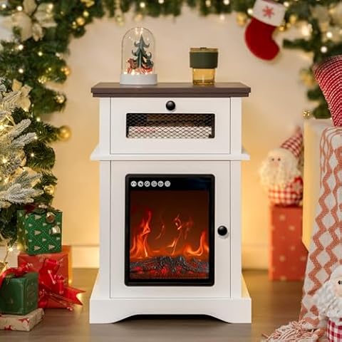 i-aplus White LED Nightstand Farmhouse Night Stand Fireplace Night Stand with Drawer LED Bedside Tables for Bedroom End Table Cover