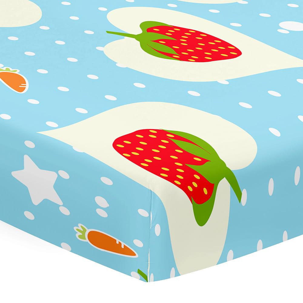 Odot Cot Bed Fitted Sheets Travel Cot Sheets, Cute Strawberry Print Microfiber Mattress Protector Cozy Breathable Toddler Baby Kids Bedding for Cradle, Cribs, Bassinet (Blue Polka Dots,90x55cm)