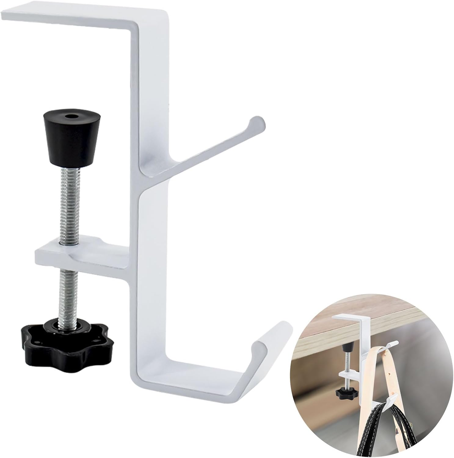 Desk Mount Bag Holder Hook Clamp-On Backpack Hanger Portable Desk Mount Headphones Holder Reduce Desk Clutter for Table Desk, Under Counter (White)