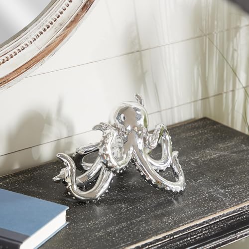 Image of Deco 79 Polystone Octopus Decorative Sculpture Home Decor Statue with Long Tentacles and Suctions Detailing, Accent Figurine 12 inch x 7 inch x 7 inch, Silver