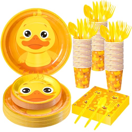 Pickmesh 175 Pcs Rubber Duck Birthday Party Supplies - Tableware Set Including 25 Pcs 9 Inch Dinner Plates, 7 Inch Plates, 9 Oz Cups, Lunch Napkins & Cutlery