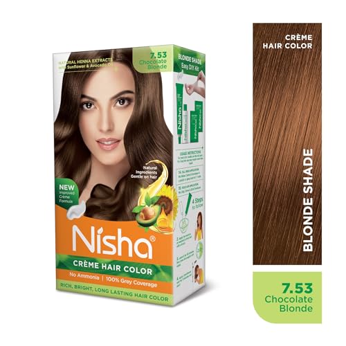 Image of Nisha Creme Hair Color, Permanent Hair Colour Chocolate Blonde, Silky & Shiny 100% Grey Coverage & Ammonia Free Color With Natural Henna Extract, 60G+60Ml