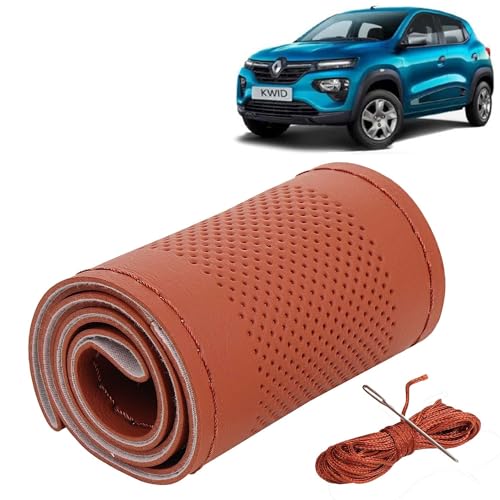Image of KINGSWAY PU Leatherite Car Steering Cover Sewable Compatible with Renault Kwid (Year 2019 Onwards), Tan Color with Tan Thread, Pack of 1 with Sewing Needle and Thread