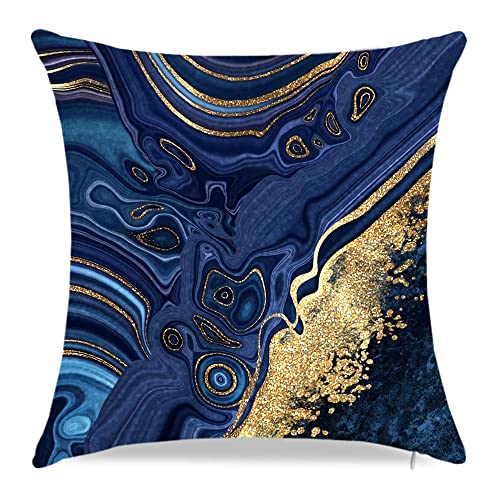 Throw Pillow Covers, Navy Blue Decorative Pillow Covers,Blue And Gold Marble Pillowcase 18X18 Inch, Couch Cushion Cover Set Of 4 For Home Living Room Bedroom Sofa Decor Pillows #TOP1