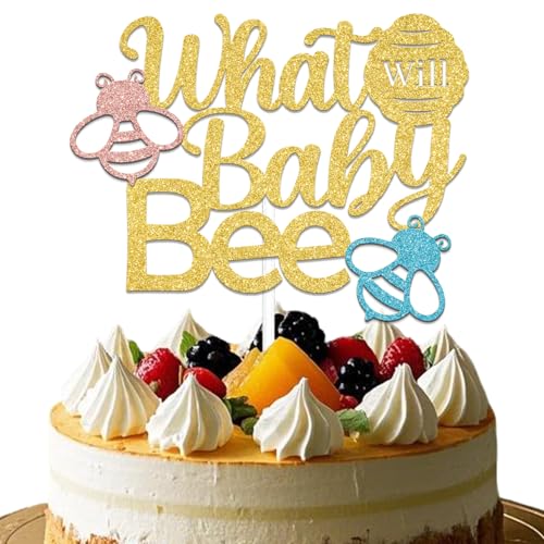 What Will Baby Bee Cake Topper,Honey Bee Gender Reveal Party Cake Decor,Boy Or Girl,Pregnancy Announcement Gender Reveal New Baby Shower Birthday Party Supplies Gold Glitter