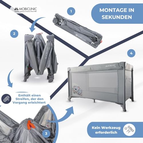 Mobiclinic®, Reisebett, Tragetasche, 2 in 1, Ultrakompakt faltbar, Herausnehmbare matratze, Mofli, Bis zu 15kg, Atmungsaktives gewebe, Seiteneingang mit reißverschluss, Baby laufstall (grau)