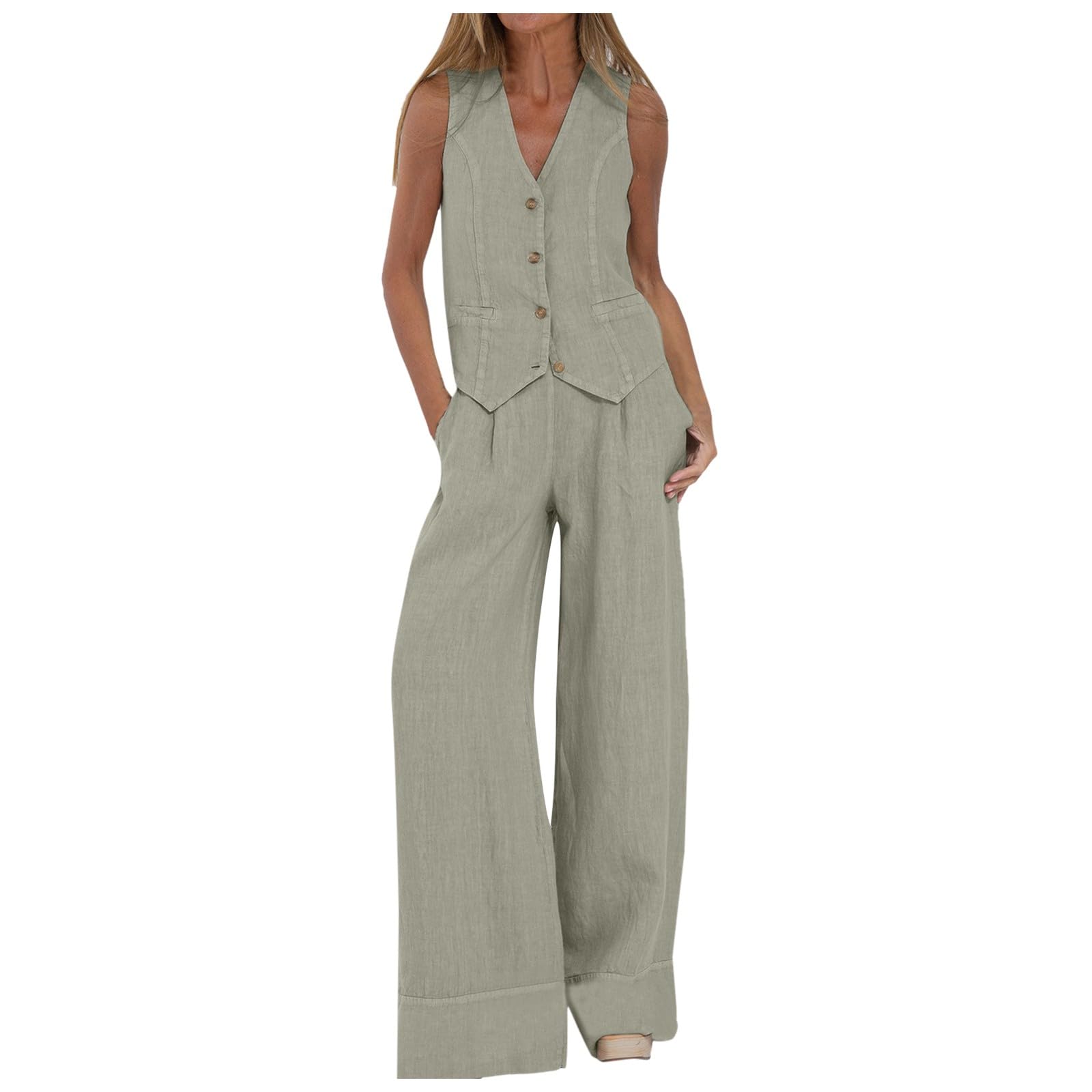 Ensemble 2 pièces Gilet et Pantalon pour Femme avec col en V, sans Manches, Pantalon à Jambe Large, Blazer d'été Assorti en Coton et Lin Confortable Femmes