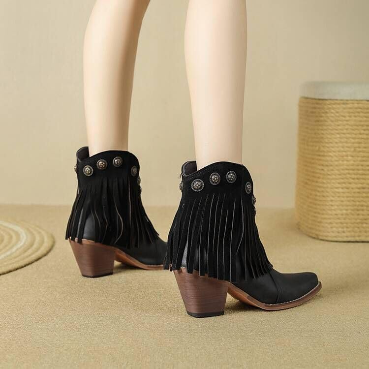 Fringe Cowboy Boots for Women Ankle Bootie Western Boots Embroidery Cowgirl Pull-On Pointy Toe & Wide - Comfortable Walking Lightweight Running Standing All Day Trending Fashion Streetwear Plus Size4