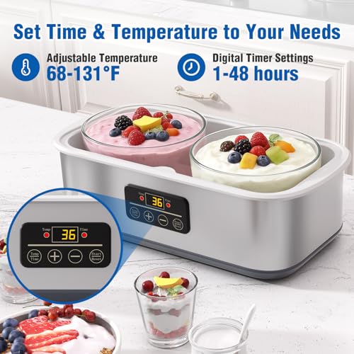 Yogurt Maker with Adjustable Time and Temp Control, Yogurt Maker Machine with Automatic Shut-Off & Constant Temper for Homemade Probiotic, Greek Yogurt, BPA-Free 2 Bowls 2 Quart (Grey) by HOPERAN - Image 2