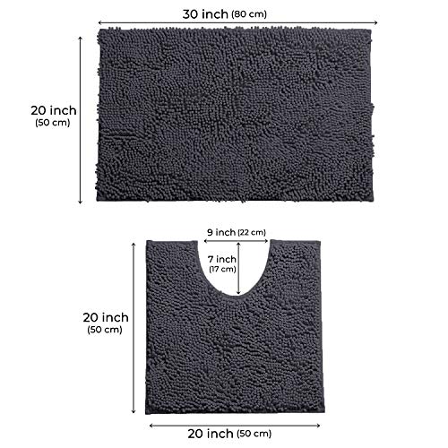LuxUrux Bath Mat, Luxury Chenille (2-Piece) Bath Mat Set, Soft Plush Anti-Slip Bath Rug + Toilet Mat.1'' Microfiber Shaggy Carpet, Super Absorbent (Curved Set, Charcoal) - Image 3
