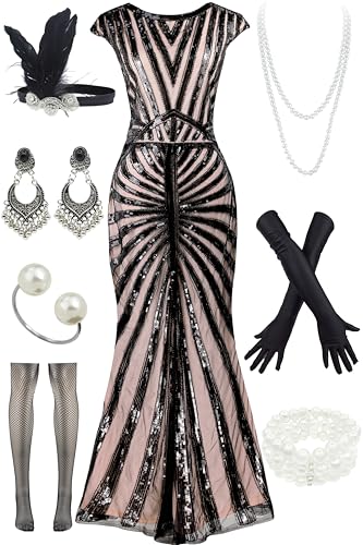 Image of Women Evening Maxi Long Dress 1920s Sequin Mermaid Hem Wedding Prom Gown Costume w / 20s Gatsby Accessories Set