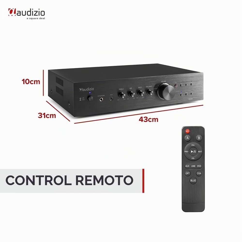 Audizio AD220B Amplificador estéreo Hi-FI de 400w y Bluetooth, 1 Salida subwoofer, Salida óptica y coaxial, 2 Salidas de Altavoz, MP3, EQ, Ideal para Ver peliculas o Escuchar tu música, Color Negro