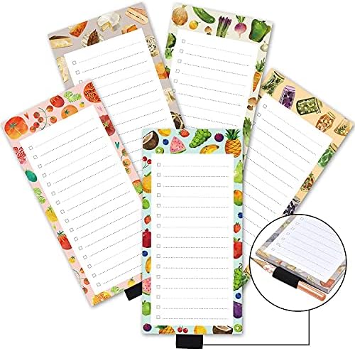 5 Pack Food Kitchen Theme Magnetic Notepads with Pen Holder,for Grocery, Shopping and to Do Lists with Checkbox,Note Pad for Refrigerator 3.3" x 7",50 Sheets