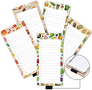 5 Pack Food Kitchen Theme Magnetic Notepads with Pen Holder,for Grocery, Shopping and to Do Lists with Checkbox,Note Pad for Refrigerator 3.3" x 7",50 Sheets