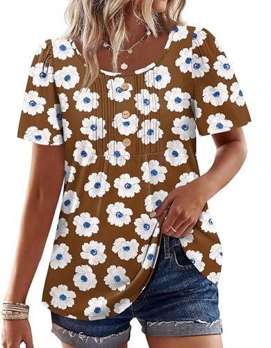 Image of Womens Tops Dressy Casual Blouses Short Sleeve Shirts Plus Size Fashion Clothing Spring Summer Outfits Button Pleated Front