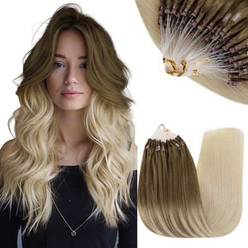 RUNATURE Micro Beads Hair Extensions Human Hair Blonde Ombre Micro Hair Extensions Real Human Hair Balayage Blonde Micro Loop Hair Extensions 24 Inch 50g