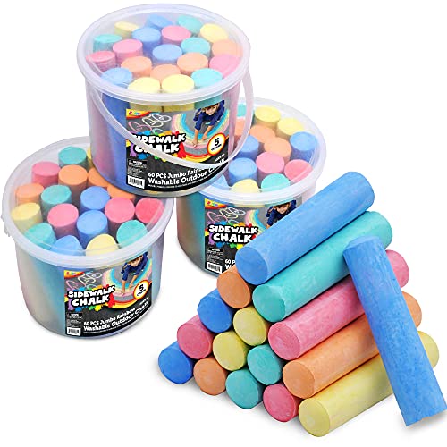 60 Pcs Chalks Set with Rounded Case Jumbo Washable Outdoor Bulk Chalk Non-Toxic Sidewalk Chalks Set for Art Play and Outdoor Play
