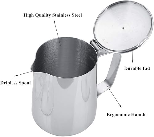 Miniatura 3 de Taza de café de acero inoxidable, jarra de espuma de leche con tapa para café con leche, arte para oficina y cocina (67.6 fl oz)