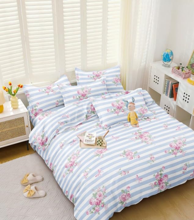 Image of TIB The Intellect Bazaar Flat Double Bedsheets with 2 King Size Pillow Covers | Double Bed Breathable | Wrinklefree | Ultrasoft | 90 x 100 Inches, 7X7.5 Feet | Blue Pink Floral